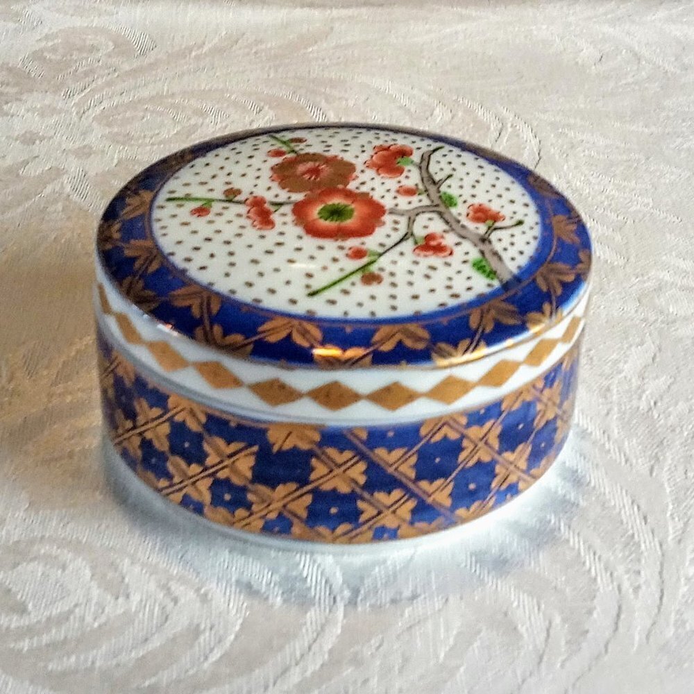 Vintage Red Flower Blue Gold Porcelain Trinket Box
